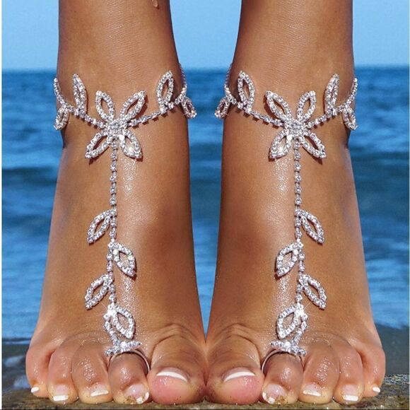 Silver and White Diamond Austrian Crystal Leaf Anklet Foot Chains - Set of 2 - Picture 1 of 5